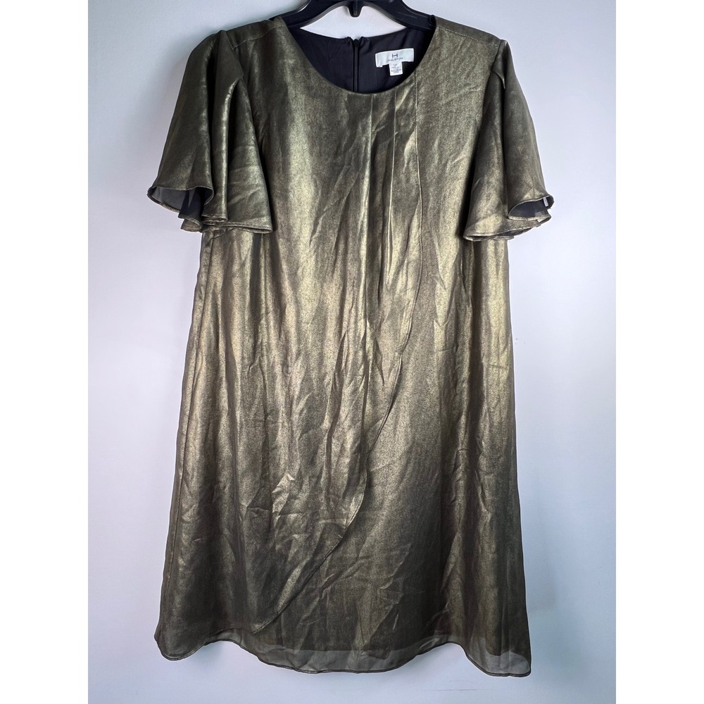 H‎ By Halston Womens Metallic Gold Overlay Flutter Sleeve Sheath Dress Size S